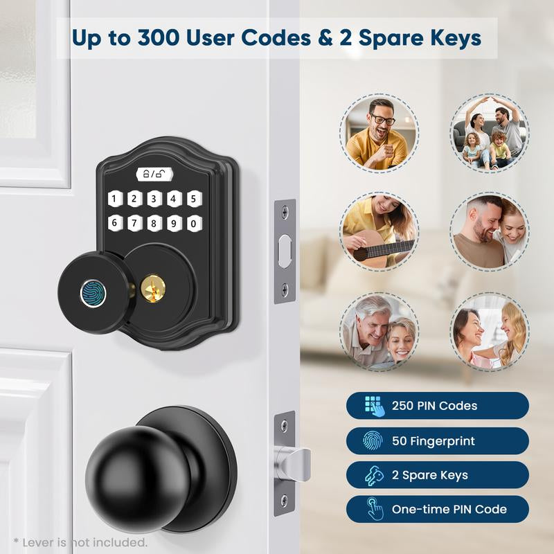 52HZ Fingerprint Door Lock, Keyless Entry Door Lock with Code, Voice Guidance Electronic Keypad Deadbolt Smart Locks for Front Door, Anti-Peeping Password, Auto Lock, Easy to Install, Black