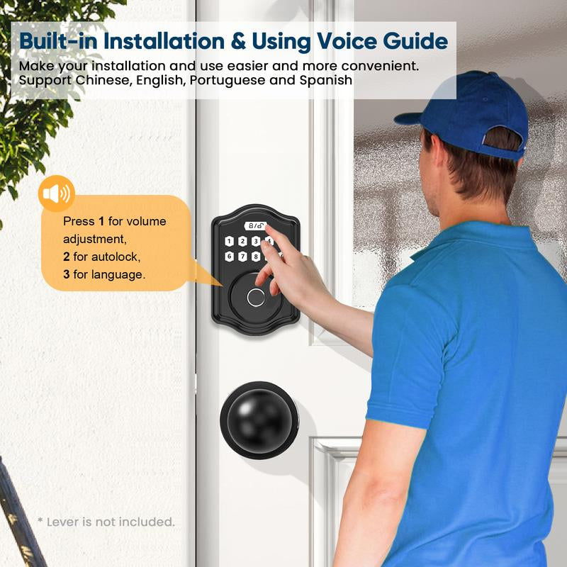 52HZ Fingerprint Door Lock, Keyless Entry Door Lock with Code, Voice Guidance Electronic Keypad Deadbolt Smart Locks for Front Door, Anti-Peeping Password, Auto Lock, Easy to Install, Black