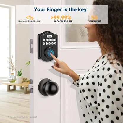 52HZ Fingerprint Door Lock, Keyless Entry Door Lock with Code, Voice Guidance Electronic Keypad Deadbolt Smart Locks for Front Door, Anti-Peeping Password, Auto Lock, Easy to Install, Black