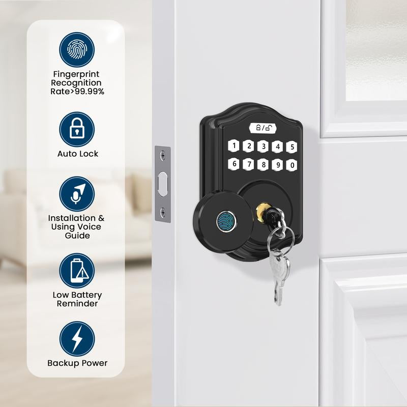 52HZ Fingerprint Door Lock, Keyless Entry Door Lock with Code, Voice Guidance Electronic Keypad Deadbolt Smart Locks for Front Door, Anti-Peeping Password, Auto Lock, Easy to Install, Black