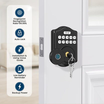 52HZ Fingerprint Door Lock, Keyless Entry Door Lock with Code, Voice Guidance Electronic Keypad Deadbolt Smart Locks for Front Door, Anti-Peeping Password, Auto Lock, Easy to Install, Black